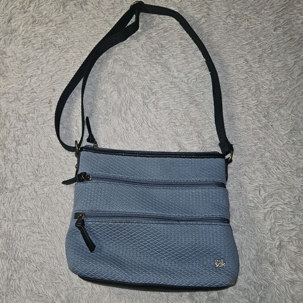 THE SAK Olvera Steal Blue Canvas Crossbody Bag Gray Blue Multi Pocket